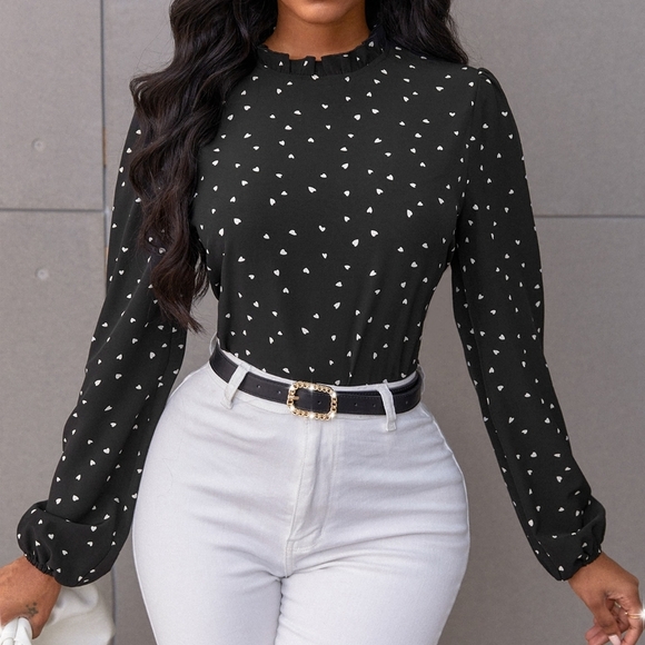 Confetti Heart Print Bishop Sleeve Frilled Neck Blouse - Picture 1 of 4